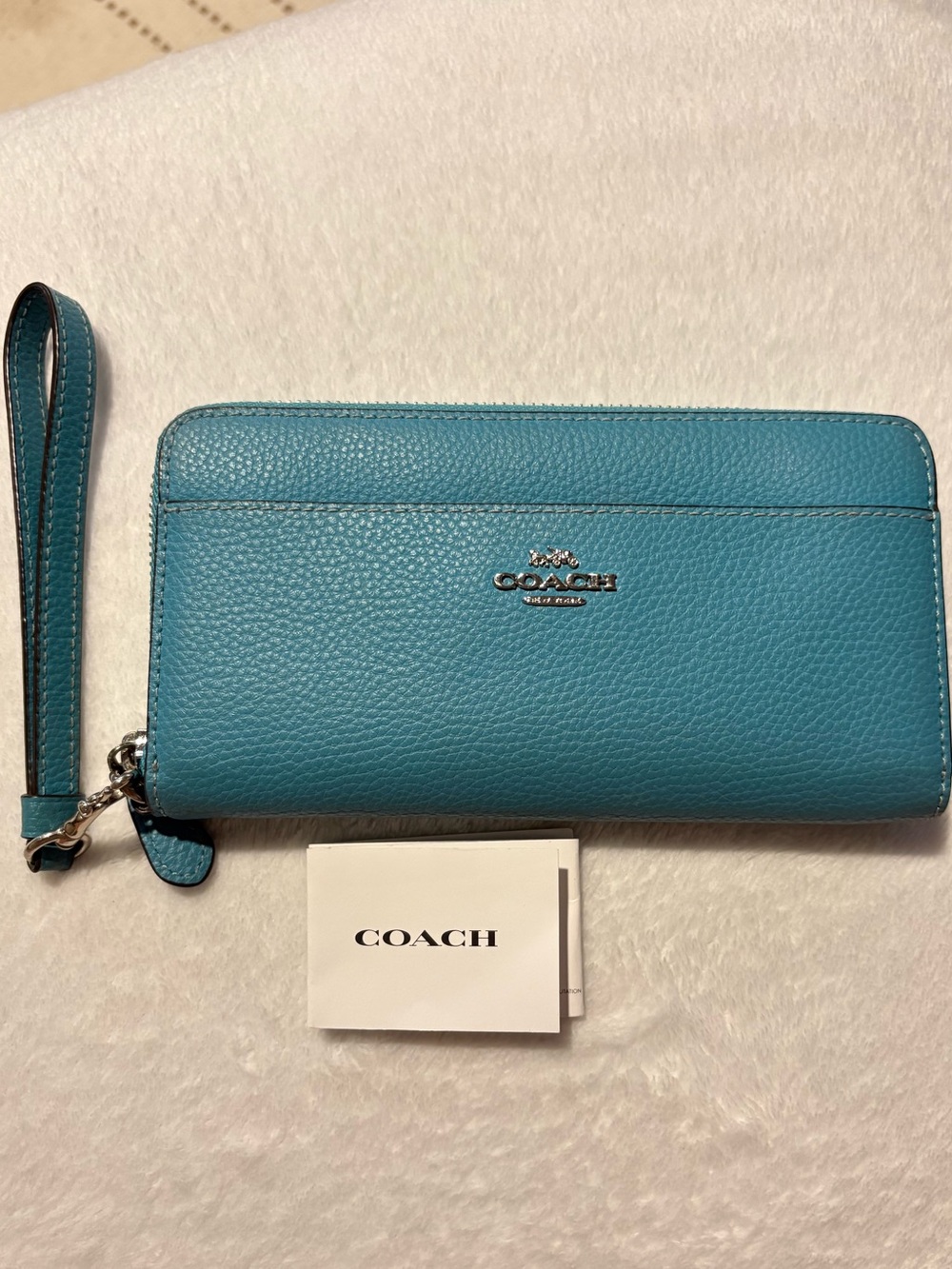 Coach Teal Pebbled Leather Zip Wristlet Wallet